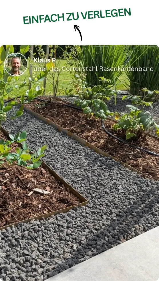 Erfahungsbericht: Einfach zu Verlegen auch als geradliniges Beet mit GREEN Spark Cortenstahl Rasenkantenband