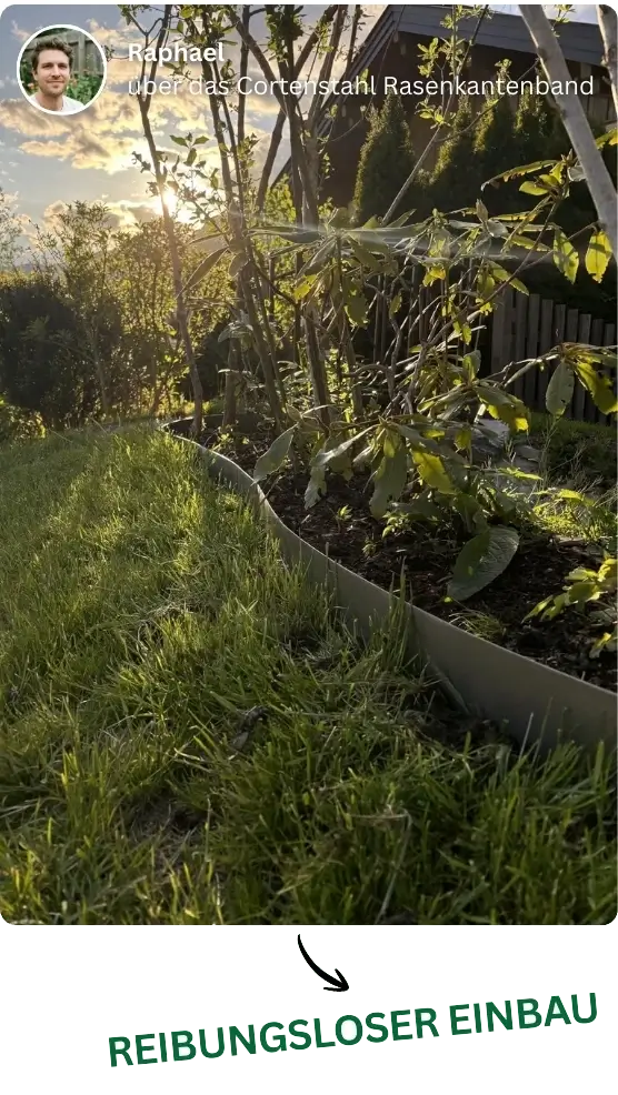 Erfahungsbericht: Organisches Beet im Garten mit reibungslosem Einbau mit dem GREEN Spark Cortenstahl Rasenkantenband