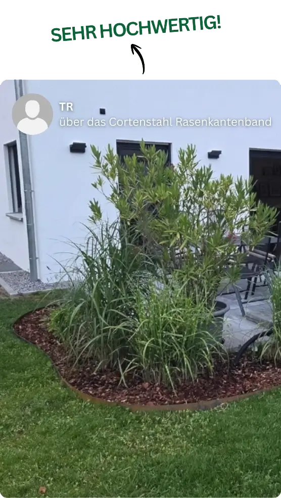 Erfahungsbericht: Geschwungenes Beet neben Terrasse: Sehr hochwertige verarbeitetes GREEN Spark Cortenstahl Rasenkantenband
