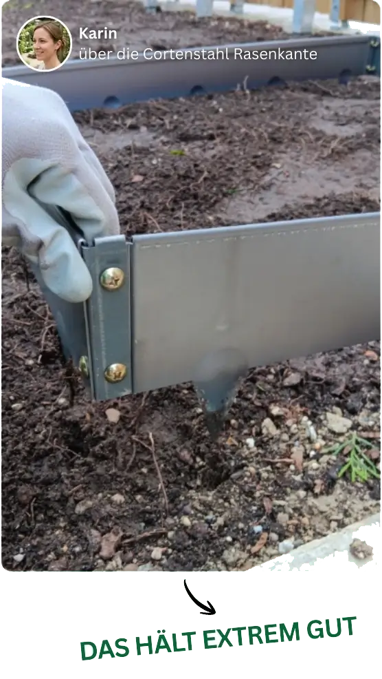 Erfahrungsbericht: Extrem guter Halt bei Schraubsystem Winkel bei eckigem Beet aus GREEN Spark Cortenstahl Rasenkanten Elementen
