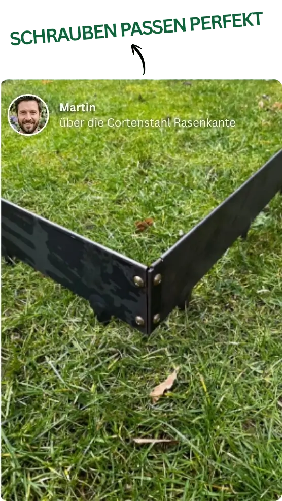 Erfahrungsbericht: Sehr gute Schraubverbindung der 90 Grad Winkel bei eckigem Beet aus GREEN Spark Cortenstahl Rasenkanten Elemente