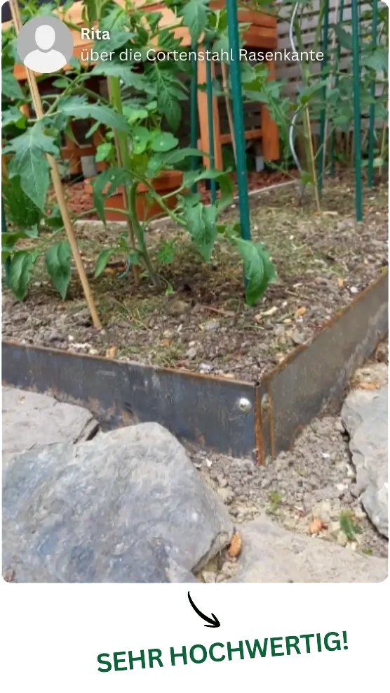 Erfahrungsbericht: Hochwertige Eckverbinder bei eckigem Beet aus GREEN Spark Cortenstahl Rasenkanten Elementen