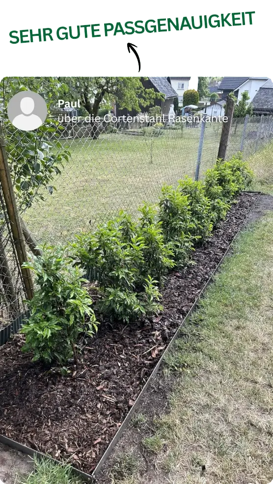 Erfahrungsbericht: Sehr gute passgenauigkeit bei eckigem Beet aus GREEN Spark Cortenstahl Rasenkanten Elementen