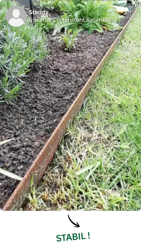 Erfahrungsbericht: Stabil bei geradliniger Rasenabgrenzung der GREEN Spark Cortenstahl Rasenkanten Elementen
