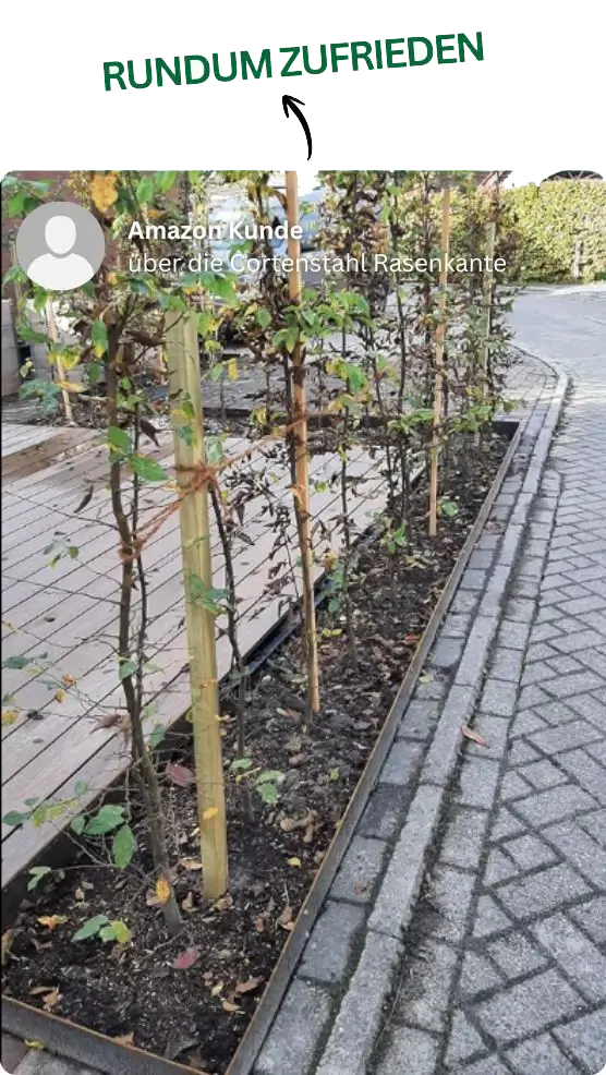 Erfahrungsbericht: Rundum Zufrieden mit eckigem Beet als Terrassenabgrenzung aus GREEN Spark Cortenstahl Rasenkanten Elementen