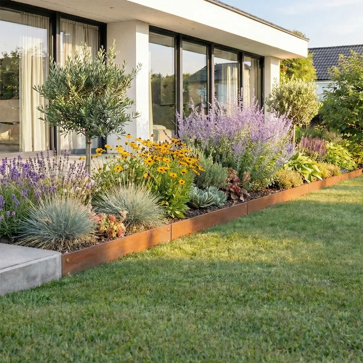Cortenstahl Rasenkanten Elemente als verschraubte geradlinige Beeteinfassung
