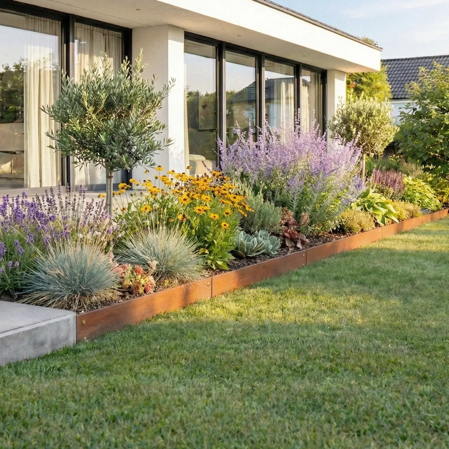 Cortenstahl Rasenkanten Elemente als verschraubte geradlinige Beeteinfassung