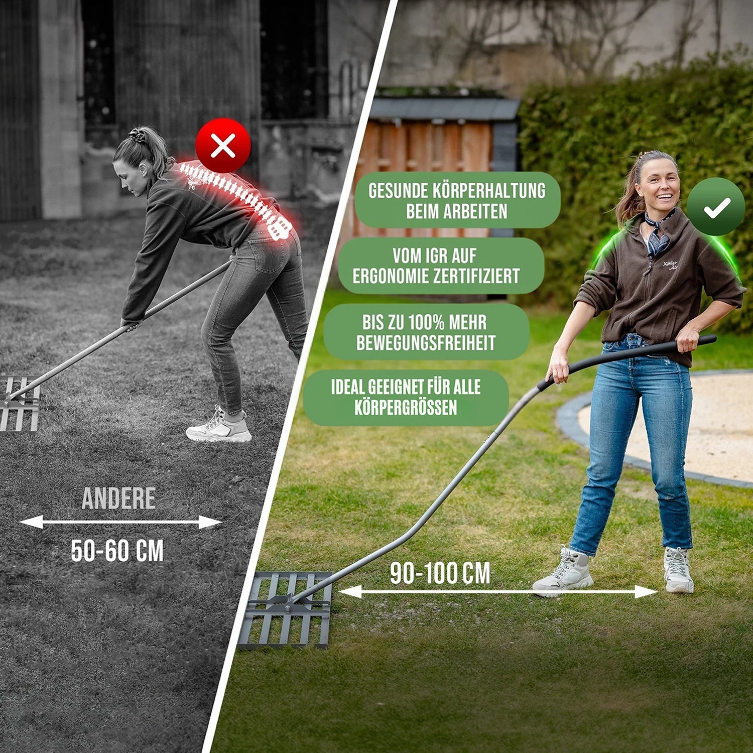 Ergonomischer Griff bei GREEN Spark Rasenrakel für aufrechte Haltung und 100% mehr Bewegungsfreiheit für alle 