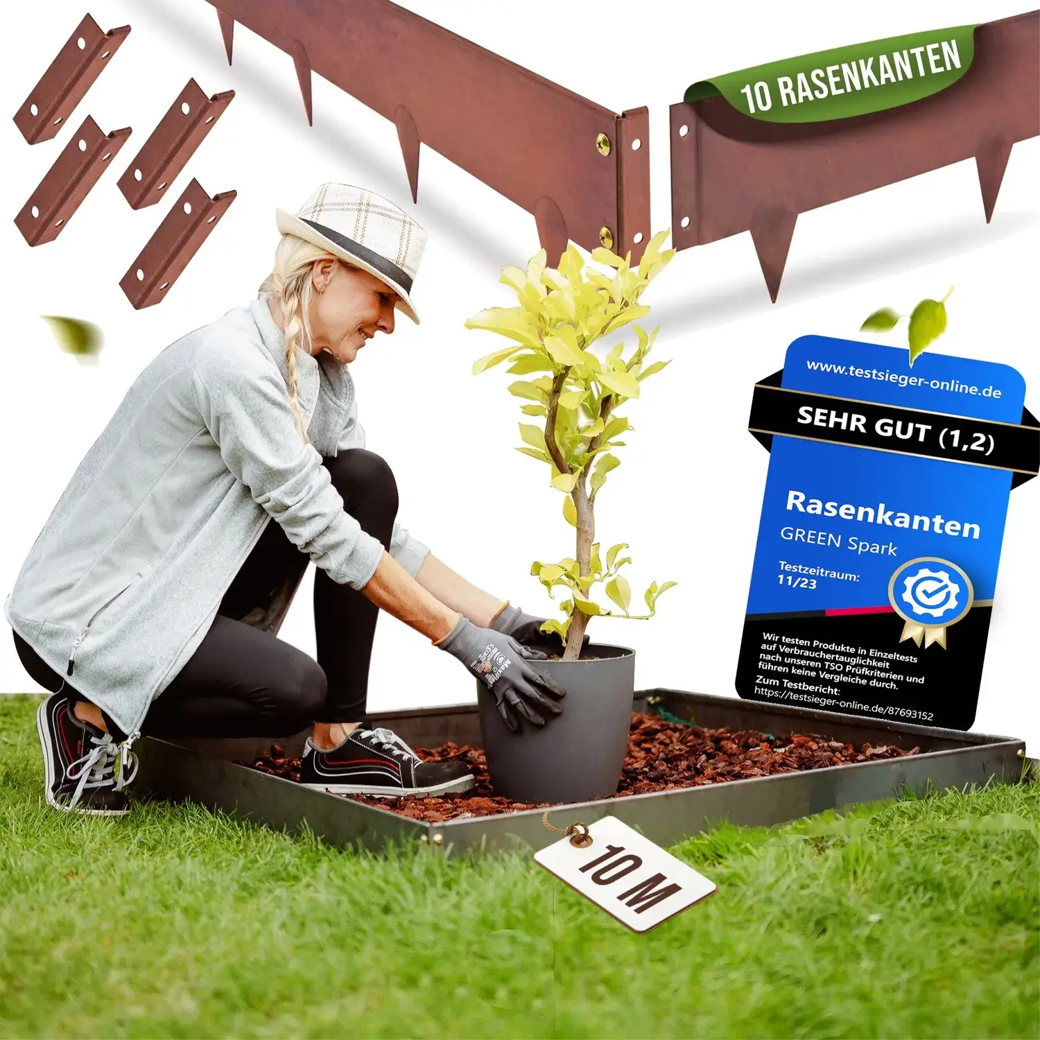 GREEN Spark Cortenstahl Rasenkanten Elemente 10m Set mit Schraubsystem 4 Eckverbinder