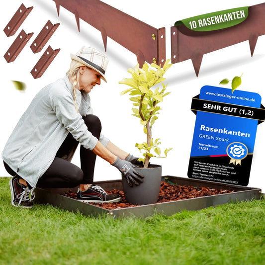 GREEN Spark Cortenstahl Rasenkanten Elemente 10m Set mit Schraubsystem 4 Eckverbinder