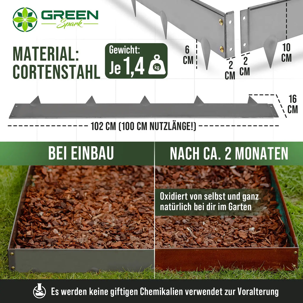 Materialbeschreibung: Elementgröße 102 cm (100 cm Nutzlänge) für die GREEN Spark Rasenkante aus Cortenstahl, 10 cm Sichtkante, 6 cm Erddornen