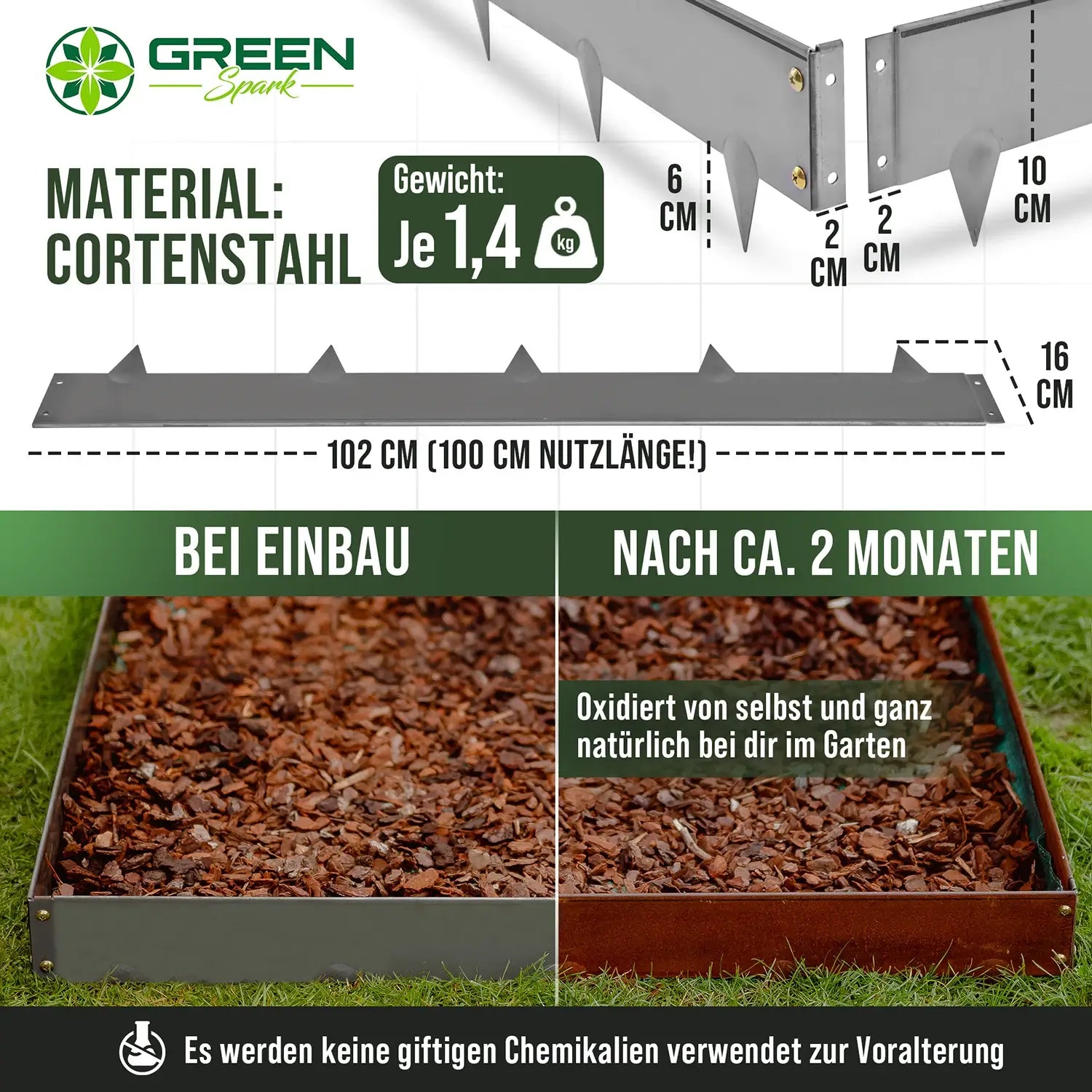 Materialbeschreibung: Elementgröße 102 cm (100 cm Nutzlänge) für die GREEN Spark Rasenkante aus Cortenstahl, 10 cm Sichtkante, 6 cm Erddornen