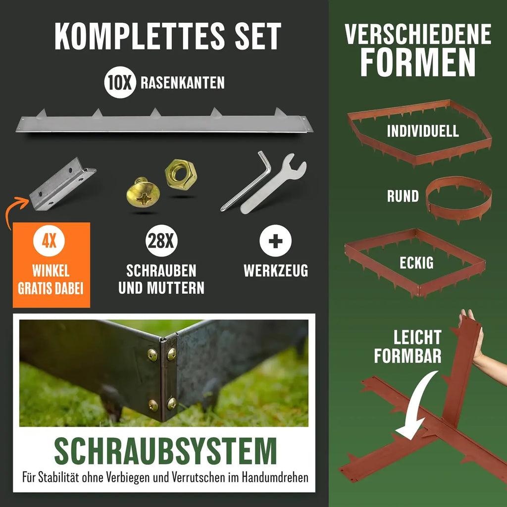 Lieferumfang: GREEN Spark Rasenkante 10m Setinhalt: 10x Rasenkanten, 4x Winkel, 28x Schrauben & Werkzeug für individuelle Formen: rund, eckig