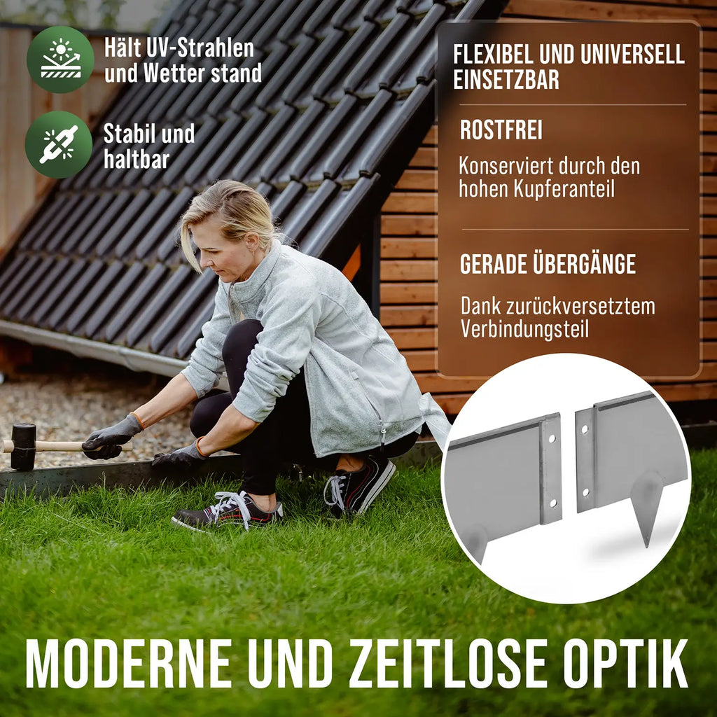 Vorteilsbild: witterungsbeständig, stabil und haltbar, rostfrei für saubere gerade Übergänge dank zurückversetzter Verbindung  der GREEN Spark Rasenkante aus Cortenstahl