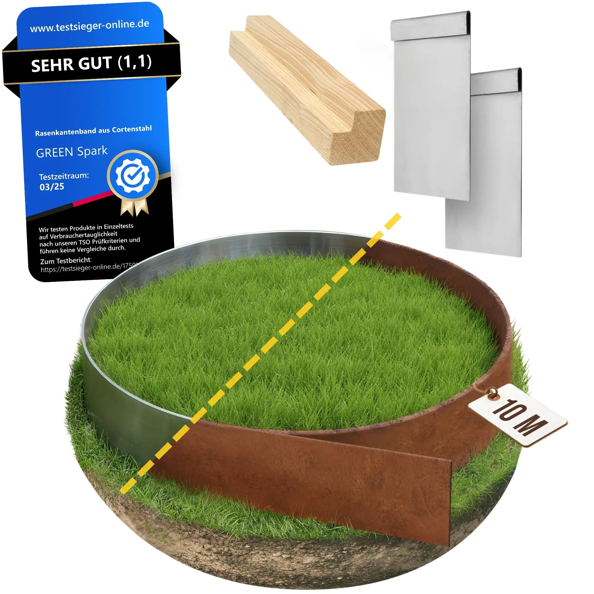 GREEN Spark Cortenstahl Rasenkantenband Set 10m mit Installationshilfe und 2 Verbindern