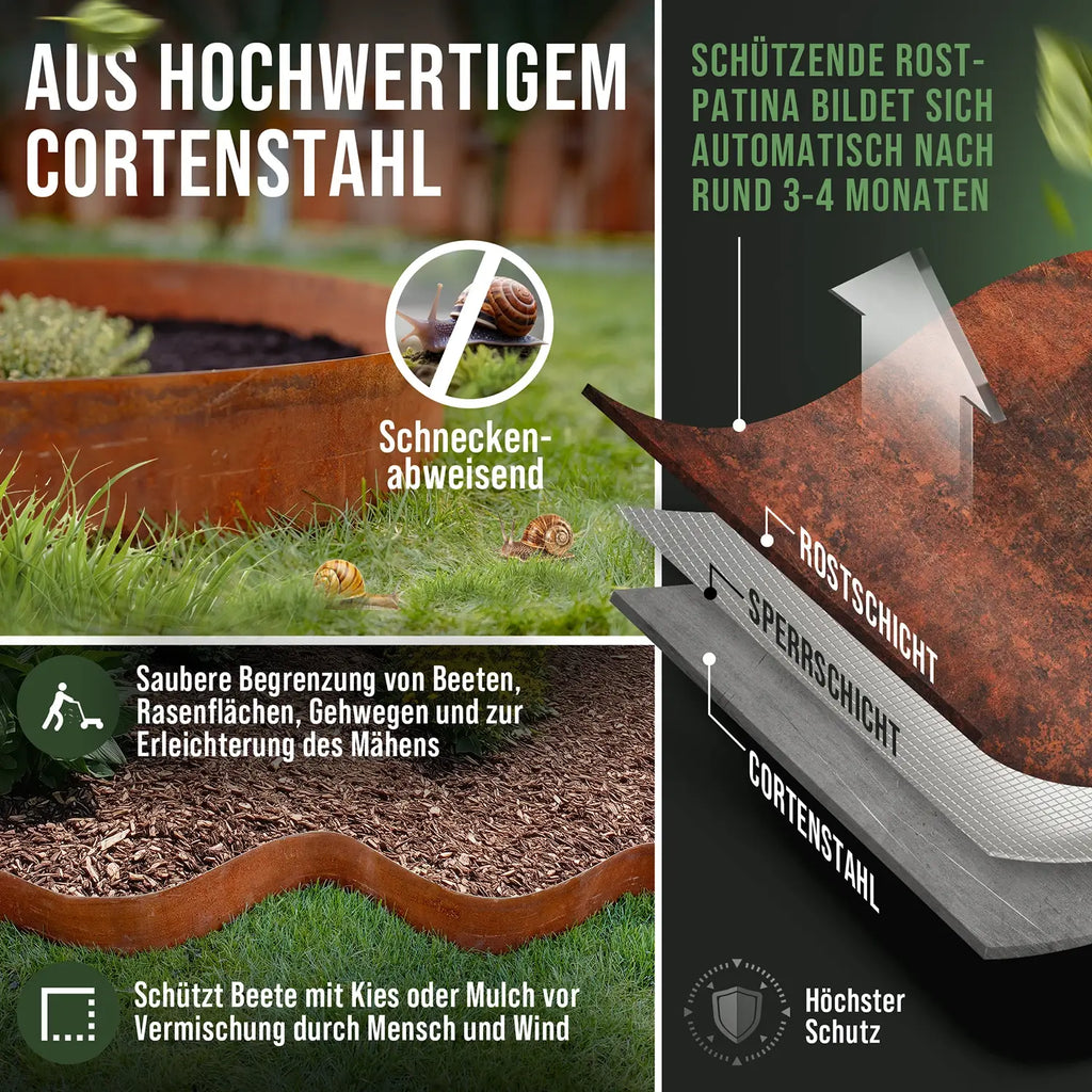 Detailansicht: Schneckenabweisende Schichten der schützende Patina des Cortenstahl Rasenkantenbandes