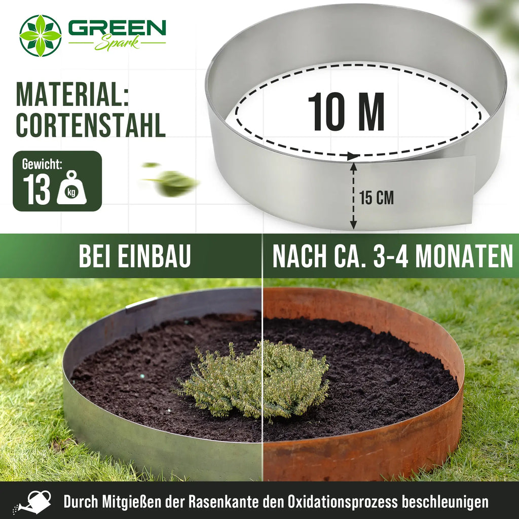 Detailansicht: 10m Cortenstahl Rasenkantenband von GREEN Spark, 15 cm hoch, 13 kg schwer