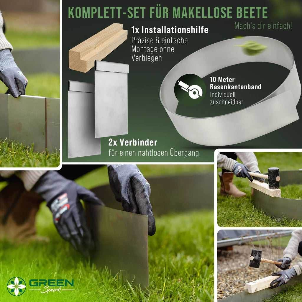 Set Bild: Green Spark Rasenkantenband mit 10m Band, 2 Verbinder, 1x Intallationshilfe. Montage mit Gummihammer. 