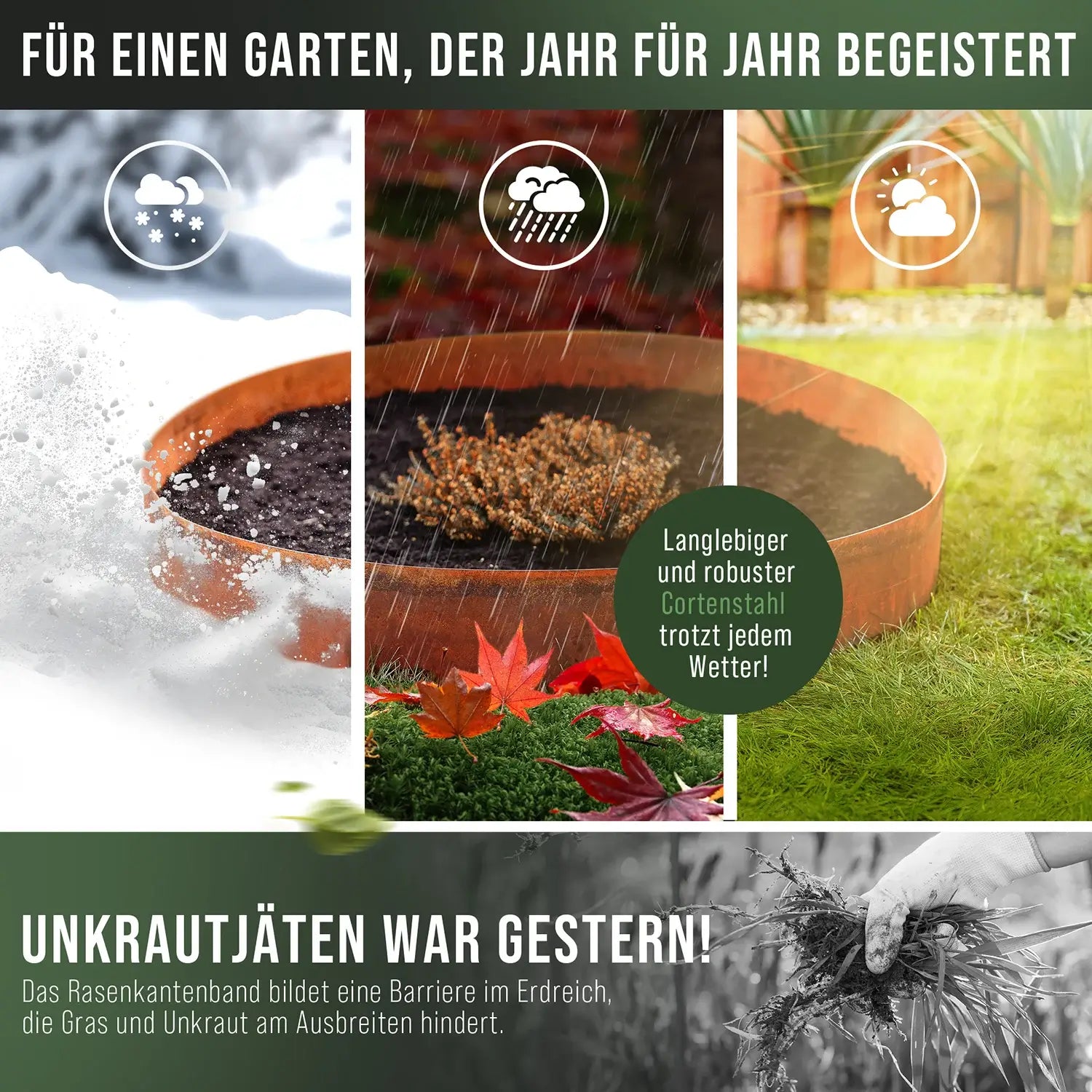 Detailansicht: Cortenstahl Rasenkantenband von GREEN Spark witterungsbeständig, robust und langlebig