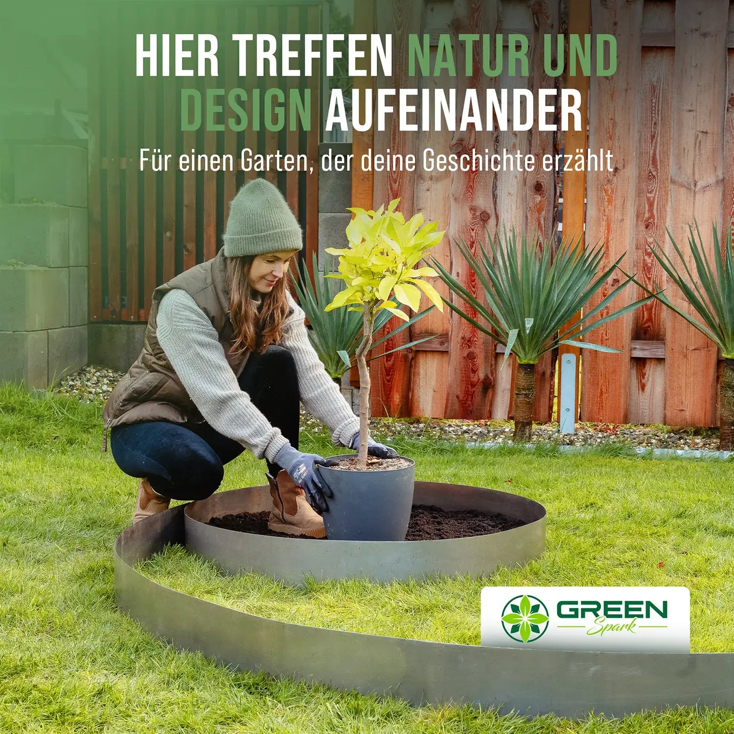 Anwendungsbeispiel: GREEN Spark Rasenkantenband für einen schönen Garten der Geschichte erzählt. Design trifft auf Natur