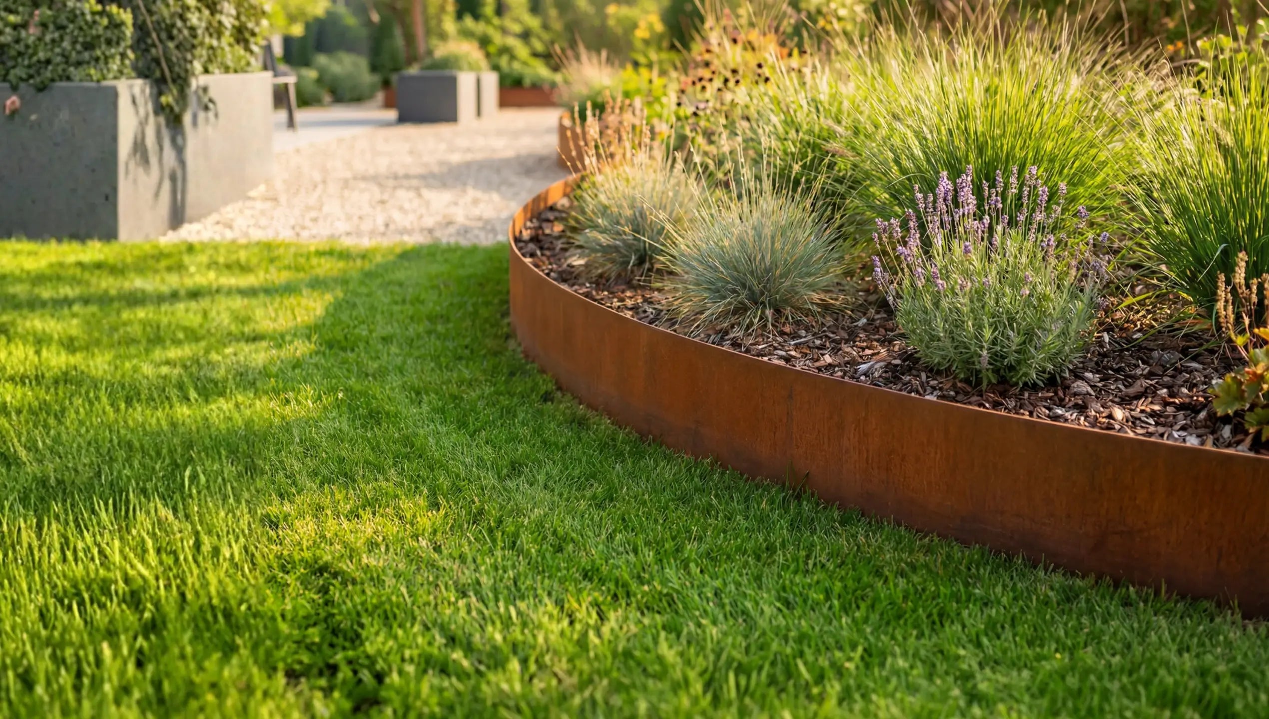 Cortenstahl Rasenkantenband  als geschwungene Beeteinfassung als Rasenabgrenzung