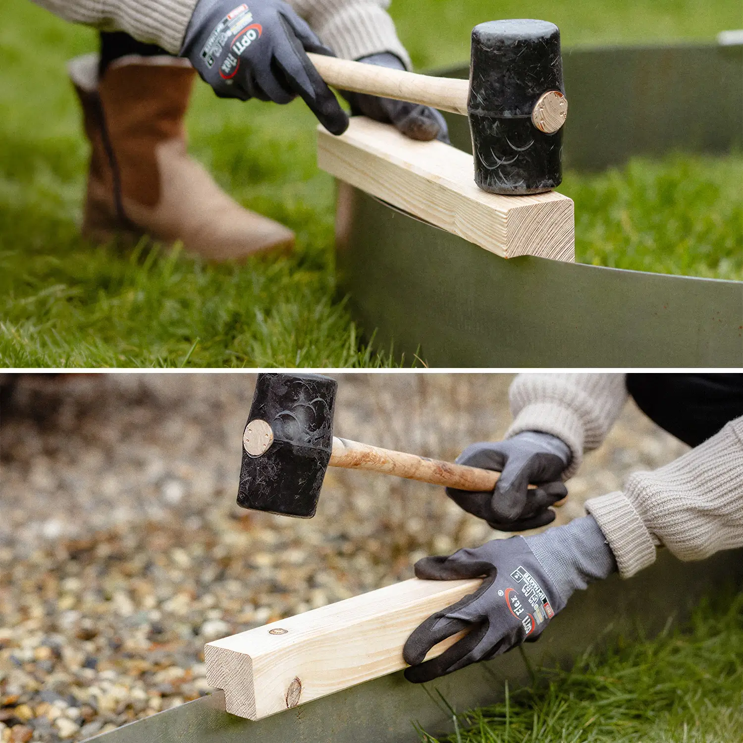 Cortenstahl Rasenkantenband einfach einschlagen mit Gummihammer und Holzkeil ohne Verbiegen dank 1mm Materialstärke
