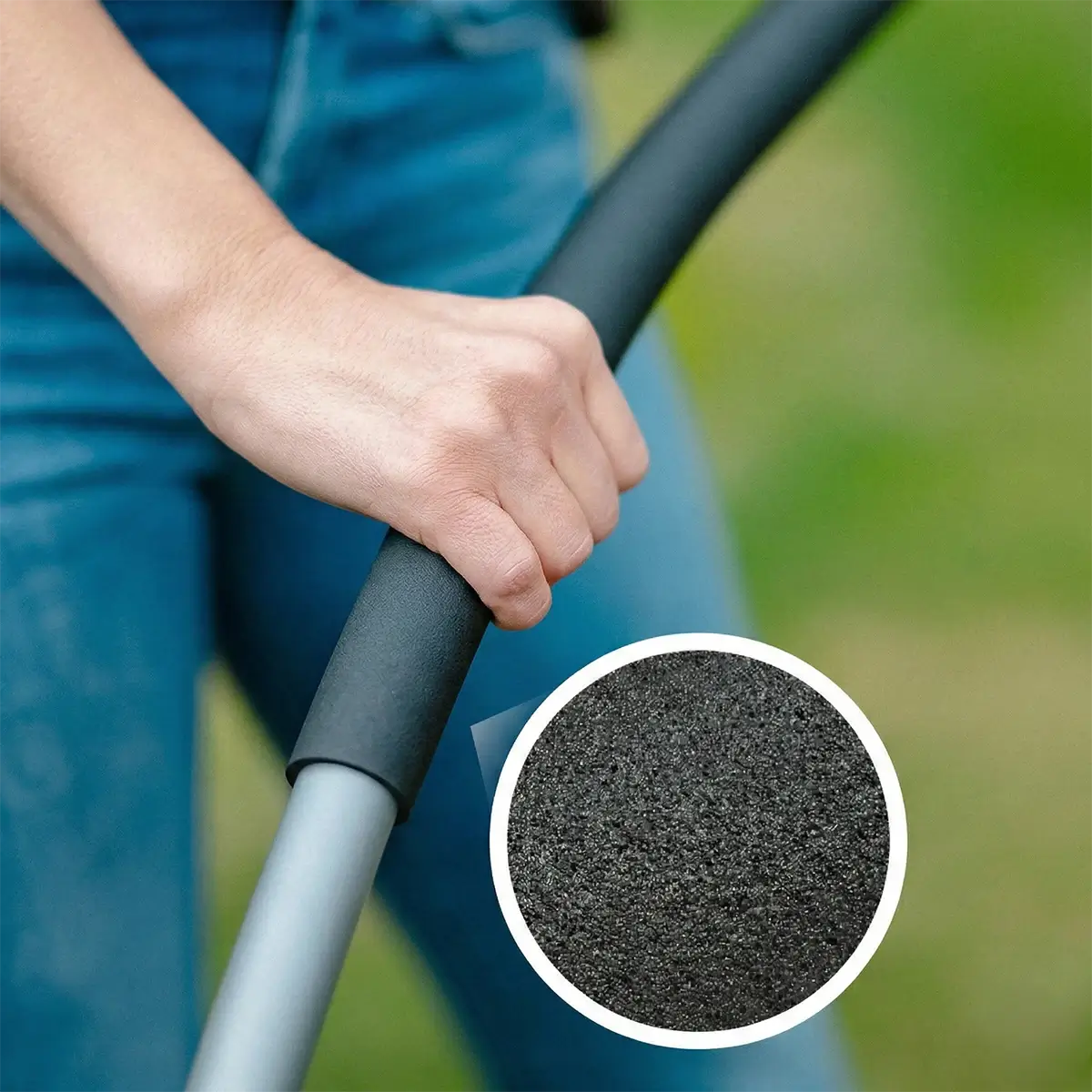 Nahaufnahme ErgoGrip: Rutschfestes Griffmaterial am GREEN Spark Rasenrakel für komfortables Arbeiten bei Hitze