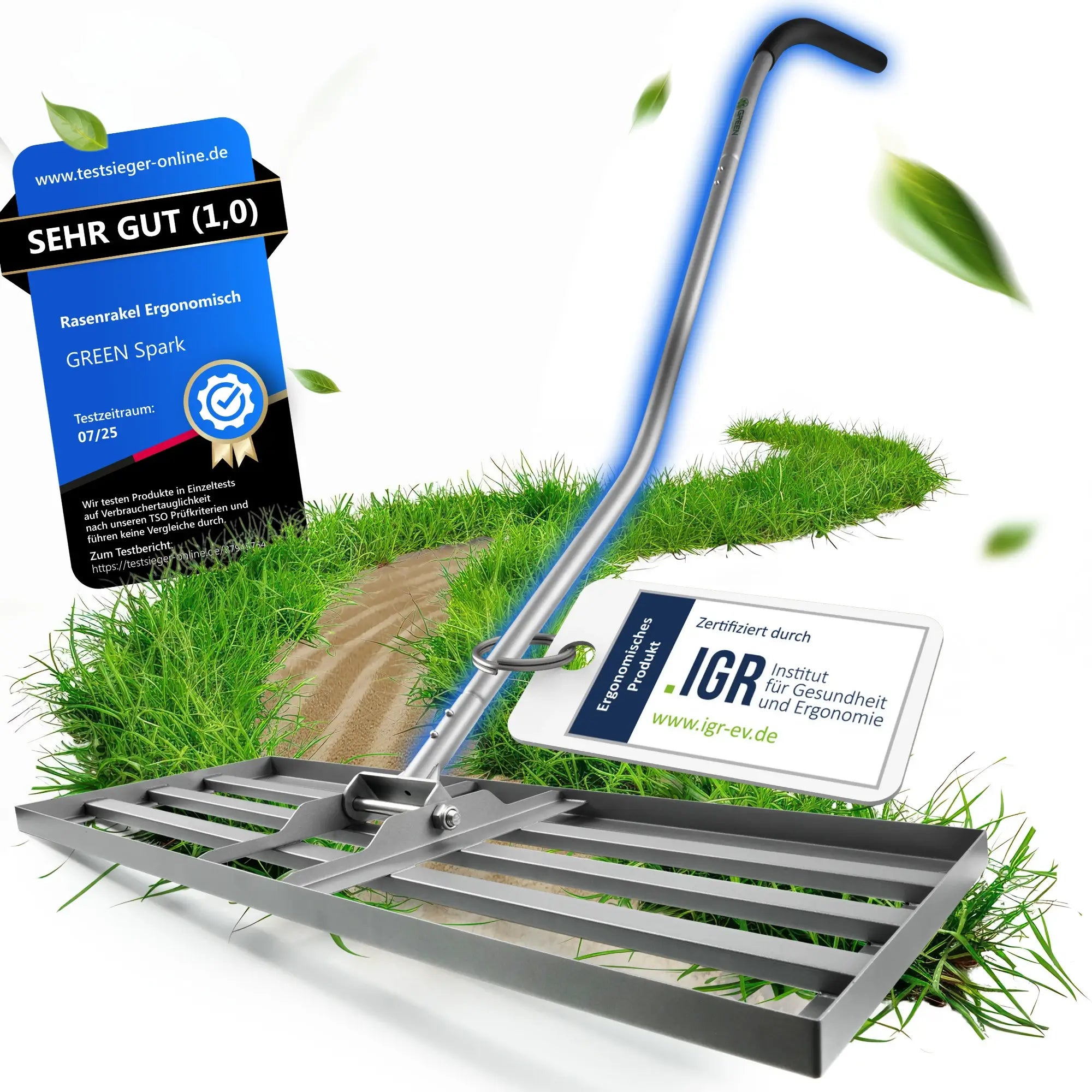 GREEN Spark Rasenrakel mit doppelt beschichteter XL Bodenplatte und ergonomischen Griff