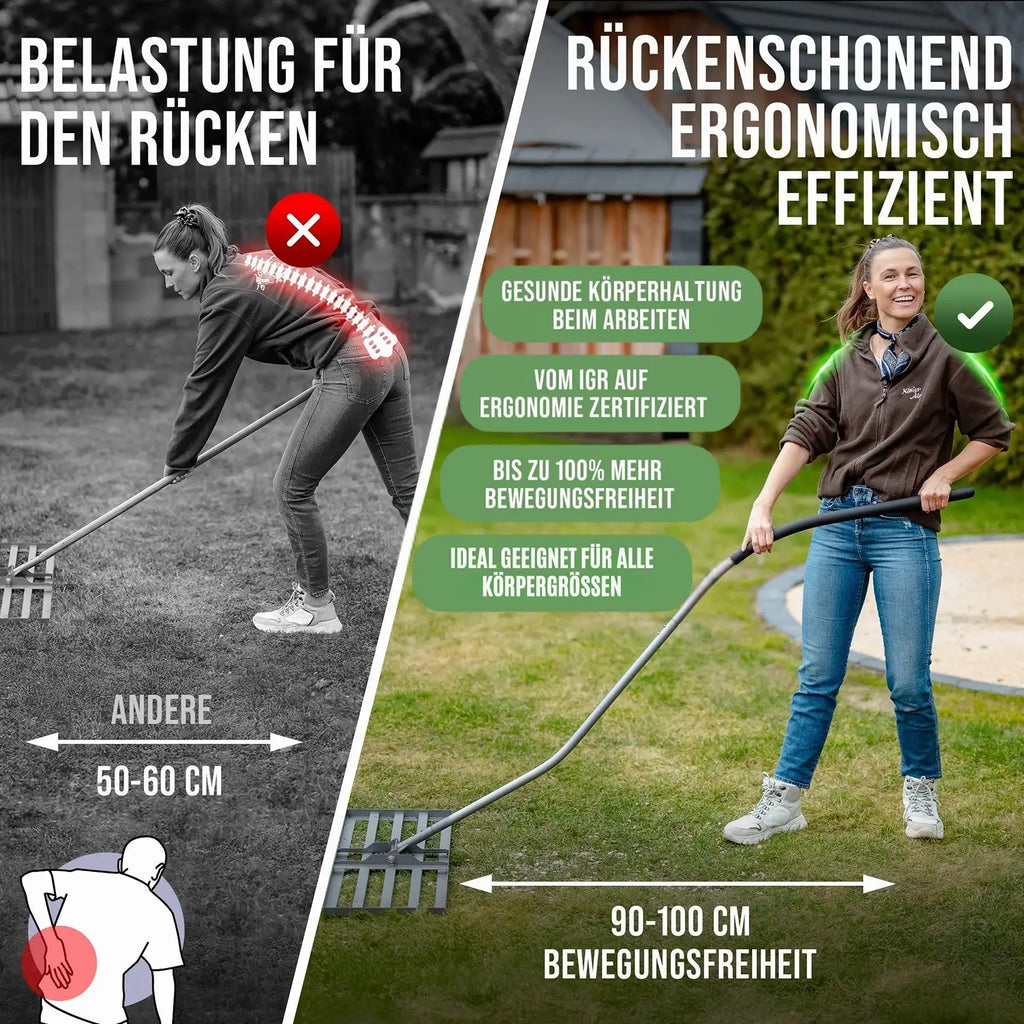 Detailansicht: Ergonomischer Griff des GREEN Spark Rasenrakels für aufrechte Haltung und 100% mehr Bewegungsfreiheit für alle Körpergrößen
