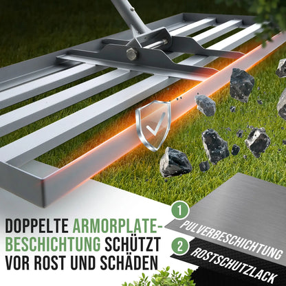 Detailansicht: Ergonomischer Griff des GREEN Spark Rasenrakel Bodenplatte doppelte Beschichtung für Schutz vor Rost und Schäden