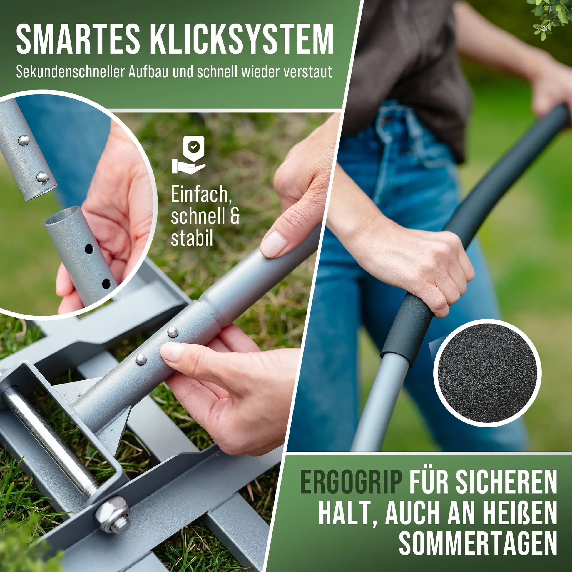 Detailansicht: Smartes Klicksystem und Ergogrip/Griff des GREEN Spark Rasenrakels