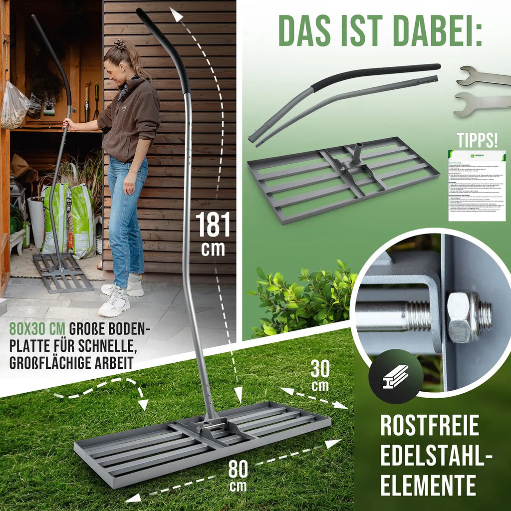 Detailansicht: GREEN Spark Rasenrakel Maße: Höhe 181 cm, 80x30cm Bodenplatte, rostfreie Edelstahlelemente
