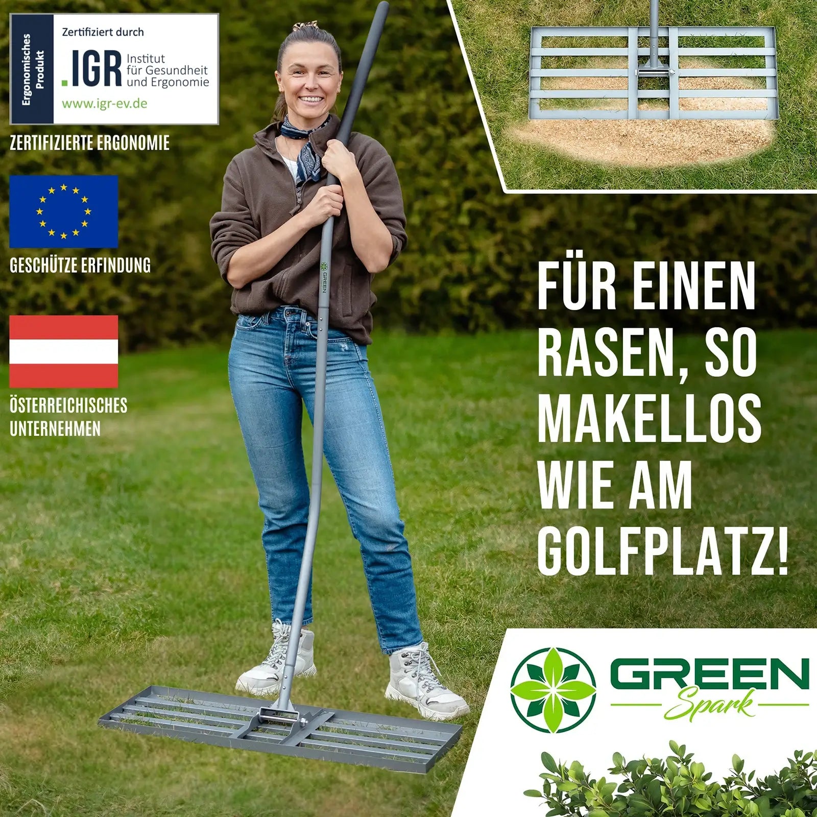 Detailansicht: GREEN Spark IGR Zertifizierter Rasenrakel, Frau mit Rasenrakel